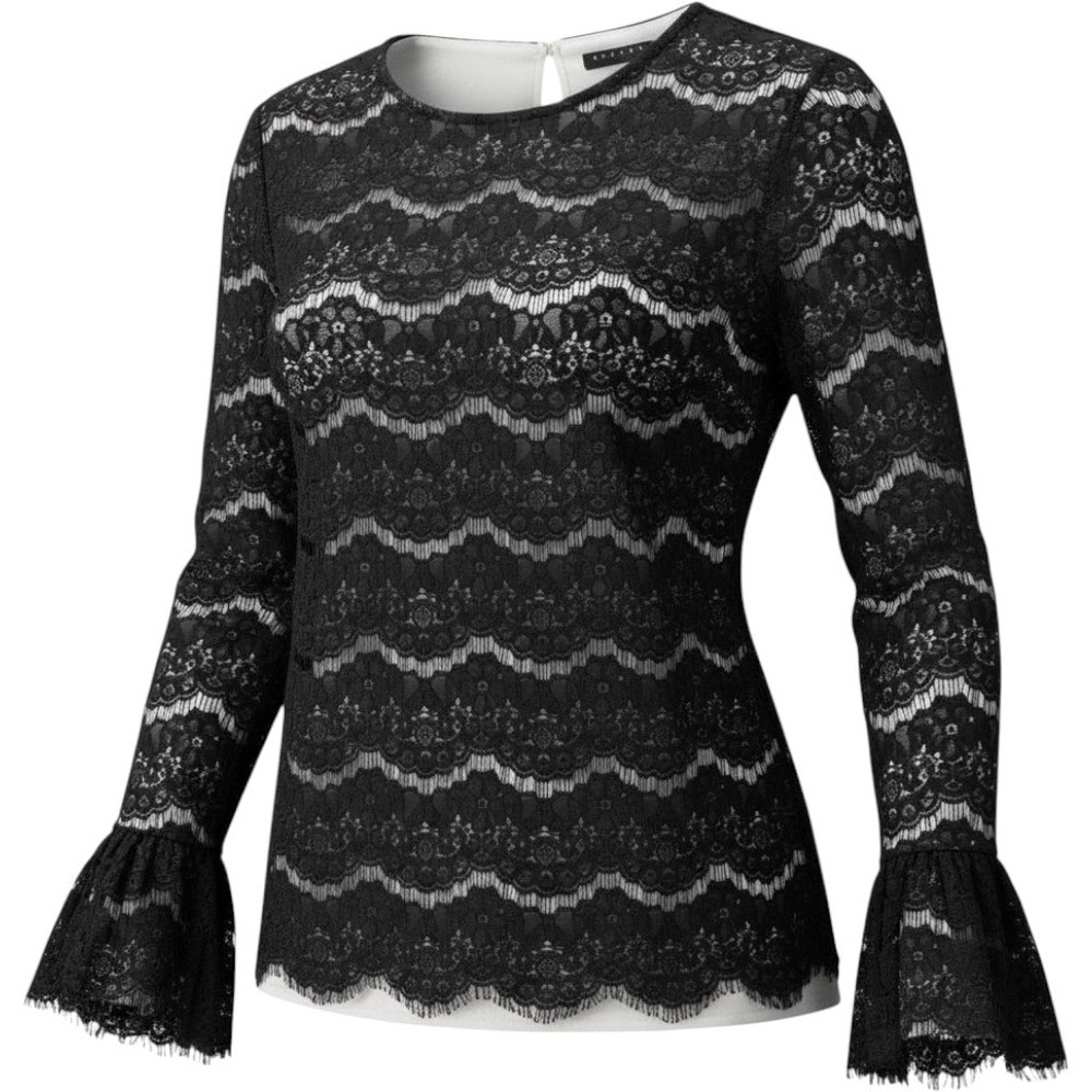 Sisley Women's M Black Long Flared Bell Sleeve Floral Lacy Dark Fairy Blouse